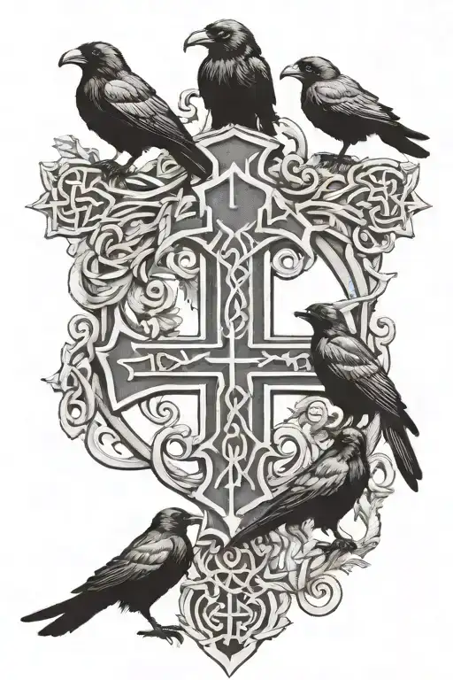 Crow Family Crest With 2 Large Crows And 4 Small Crows With Celtic Cross