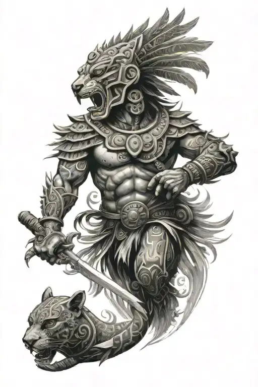 Aztec Jaguar Warrior With Aztec God In The Back