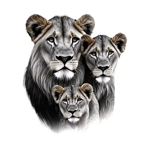 Lion Lioness 3 Cubs Face Only