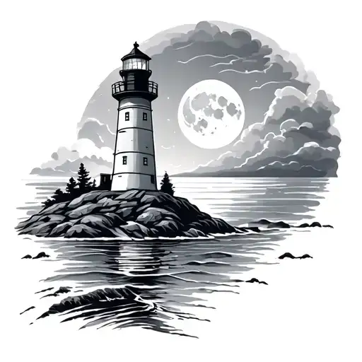 Lighthouse And A Coastline Inspired With A Moon