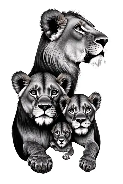 Lion Lioness 3 Cubs Face Only