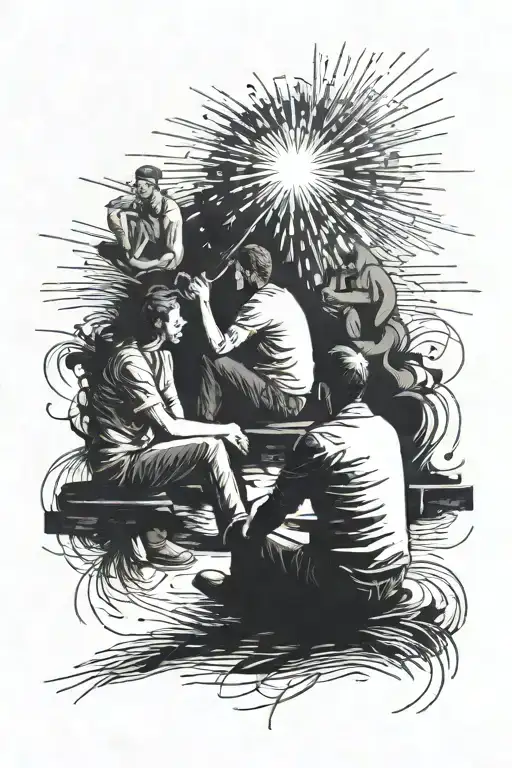 Shadow Of Three People Sitting Without Fireworks In The Background