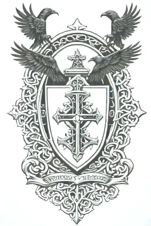 Rooker Family Crest With Castle Rookery With 6 Crows On A Celtic Cross