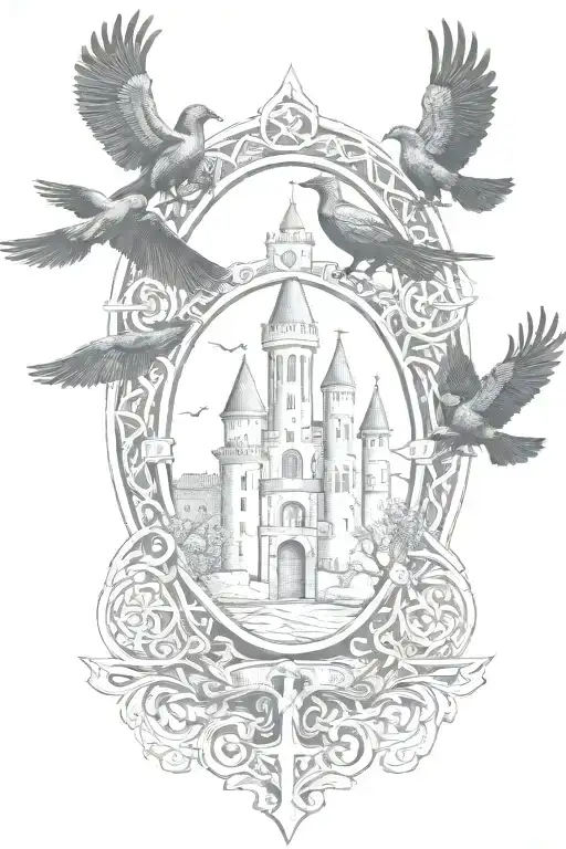 Rooker Family Crest With Castle Rookery With 6 Crows On A Celtic Cross