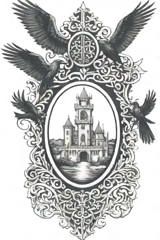 Rooker Family Crest With Castle Rookery With 6 Crows On A Celtic Cross