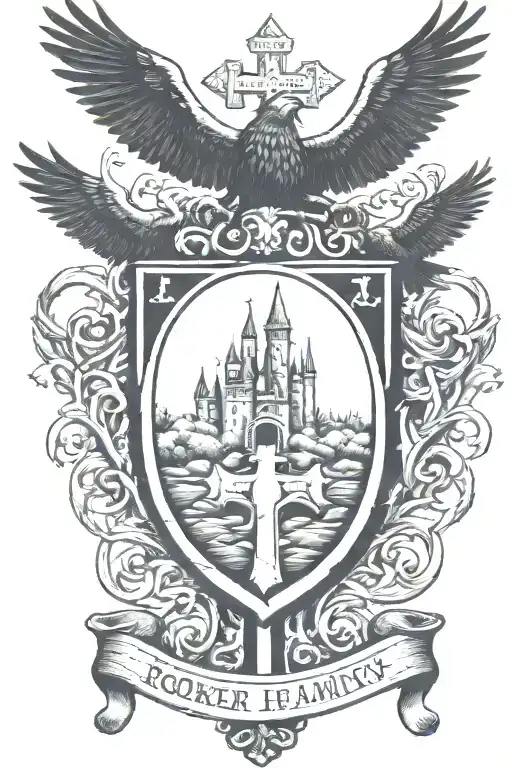 Rooker Family Crest With Castle Rookery With 6 Crows On A Celtic Cross