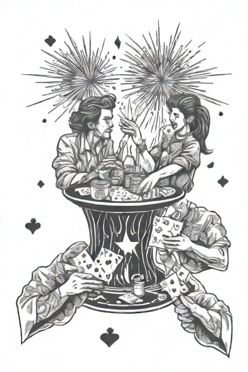 Three People Playing Cards With Fireworks In The Background