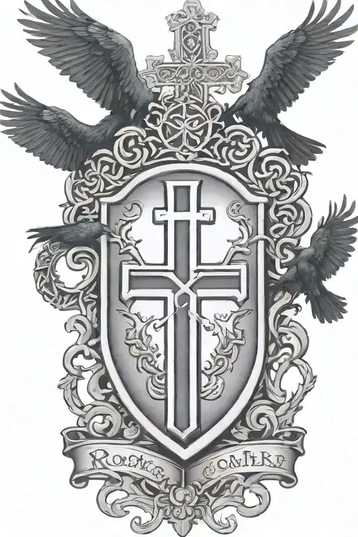 Rooker Family Crest With Castle Rookery With 6 Crows On A Celtic Cross