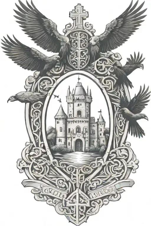 Rooker Family Crest With Castle Rookery With 6 Crows On A Celtic Cross