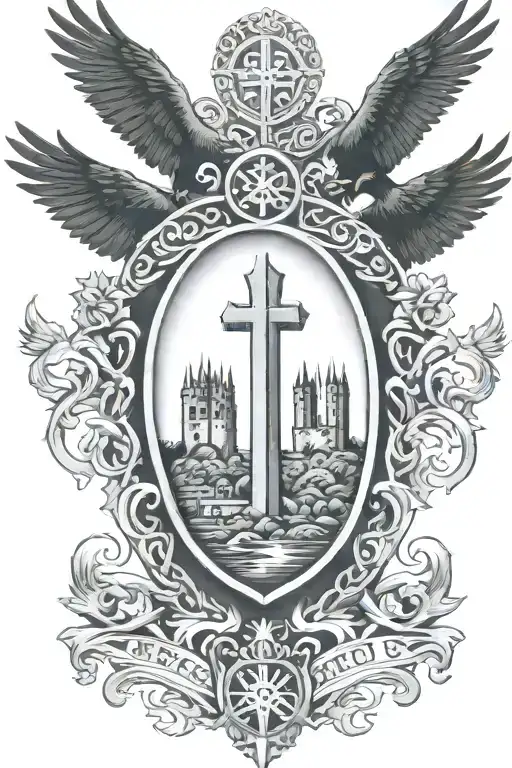 Rooker Family Crest With Castle Rookery With 6 Crows On A Celtic Cross