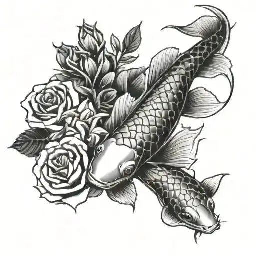 Koi Fish Swimming Roses And A Snake