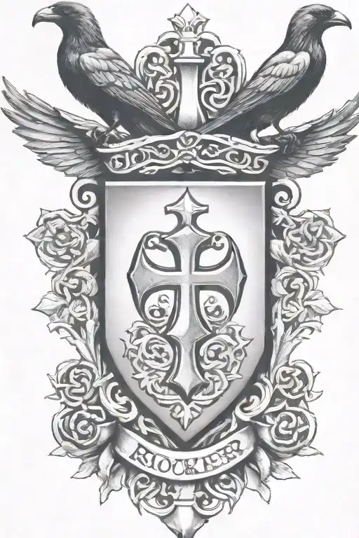 Rooker Family Crest With Home In Shield With 6 Crows On A Celtic Cross