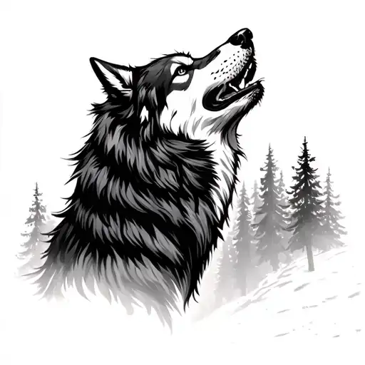 Lone Wolf Howling With Dark Trees Background Looking