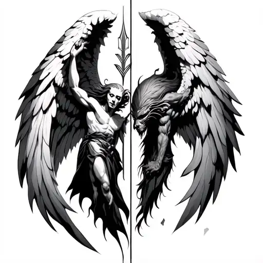 Angel And Demon And Arrow Dividing Him