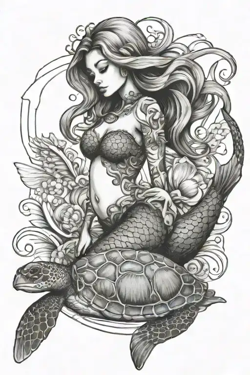 Mermaid And Sea Turtle Swimming