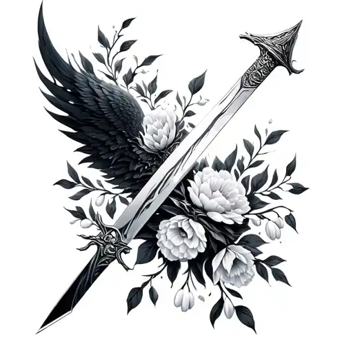 Fantasy Sword Wrapped In Carnations And Snow Drops With Subtle Reflection Of Phoenix