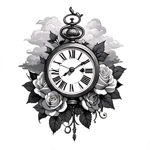 Arm Sleeve Clock And Roses With Clouds Surrounding