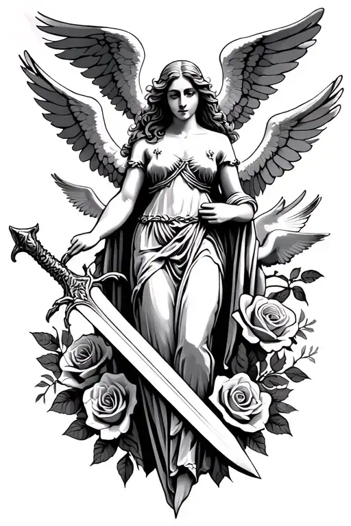 Angel Holding Sword And Roses And Doves