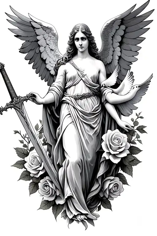Angel Holding Sword And Roses And Doves