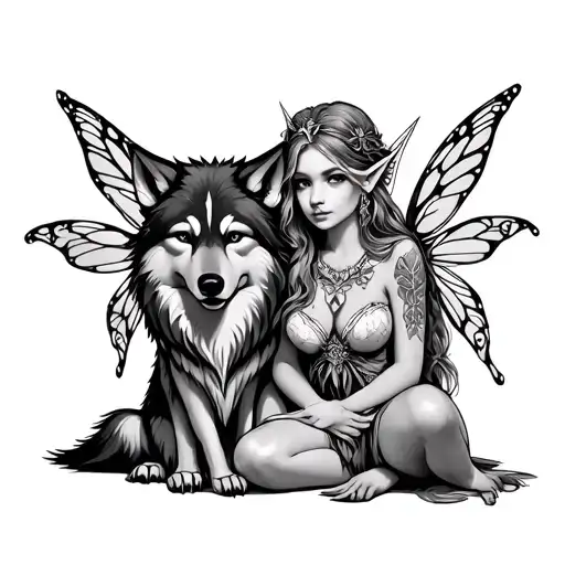 Wolf And An Elf Fairy Sitting