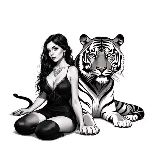 Tiger And Woman Posing