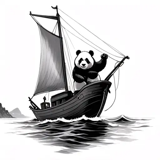 Panda On A Sail Boat Sailing Towards