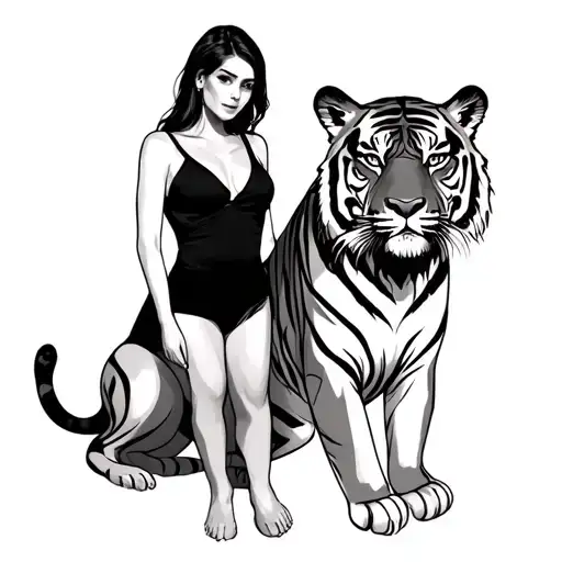 Woman Standing With Tiger Sitting