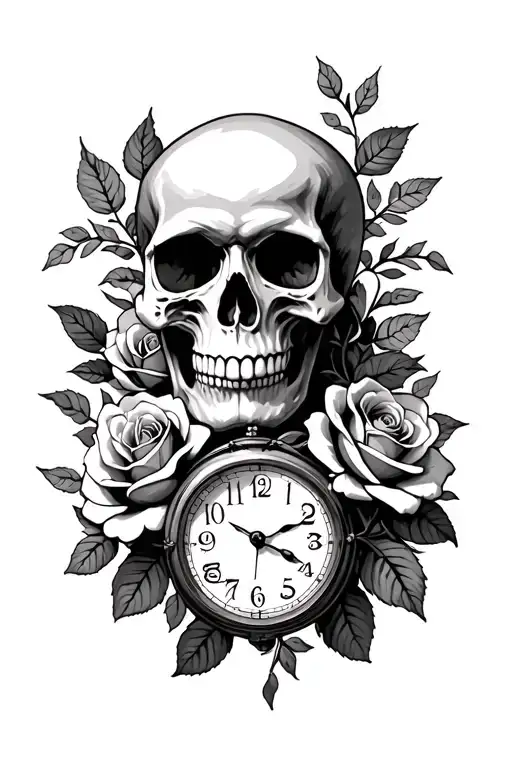 Skull With A Sand Clock And Roses Surrounding