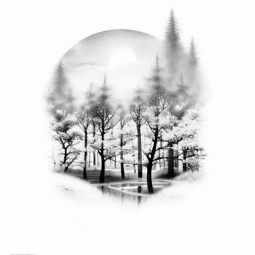 A Serene Forest Scene With A Cross Hidden Among The Trees