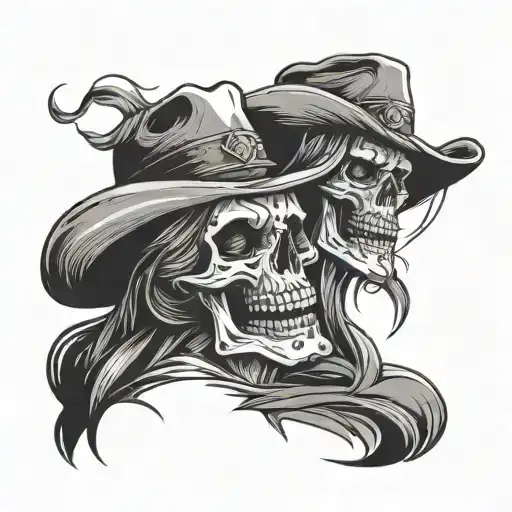 One Skull Laughing One Skull Crying Both Wearing Cowboy Hats