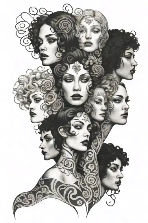 A Group Of Women Faces In Style Of Klimt Designed Tattoo Sleeve