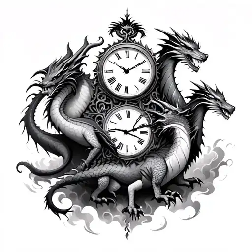 Three Dragons With A Clock Surrounded By A Storm Brewing