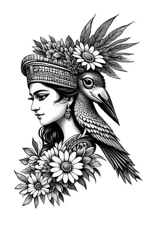 Mayan Princess With Quetzal Bird And Daisy Flower