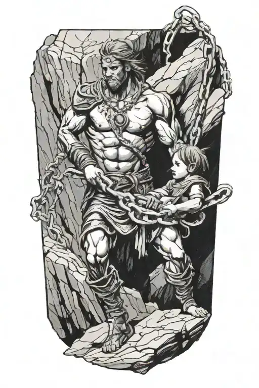 Front View Of Warrior Holding A Chain Pulling A Child Up From A Cliff