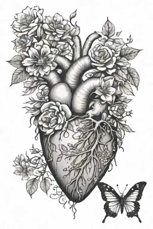 May And August Birth Flower Growing From Anatomical Heart And Tree With Flowers As A Focus Tattoo