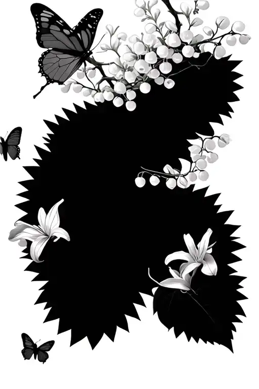 Cherry Blossom Tree With Butterflies And Lily Of The Valley Flowers