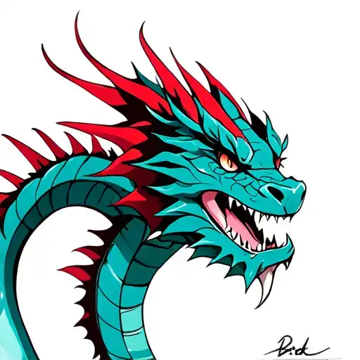 Teal Dragon With Red Spikes On Back Piece