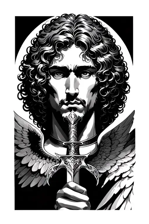 Arch Angel Gabriel Face Portrait With Curly Hair And Holding Sword