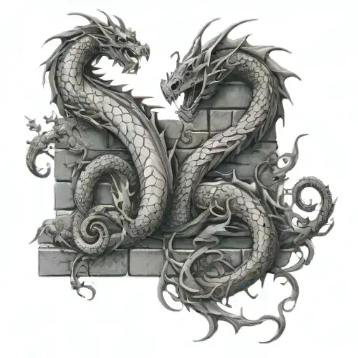 Dragon Wrapped Around Brick Wall Wrapped In Vine