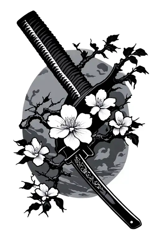 Japanese Themed Tatto With Blossom Tree And Katana