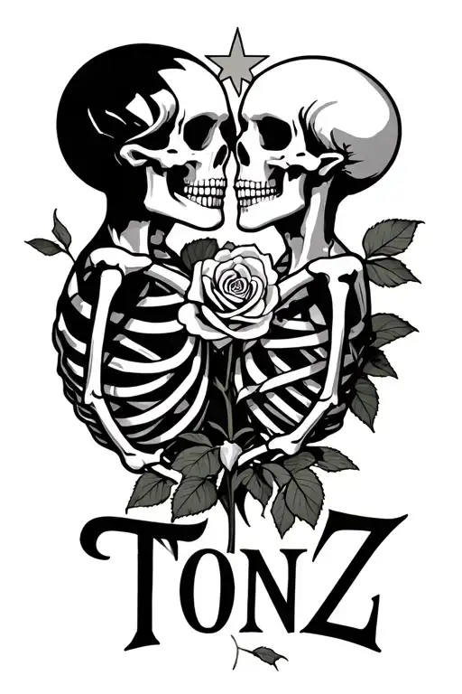 The Word 'Tonz' 2 Skeletons Kissing And Star Transforming Into A Rose