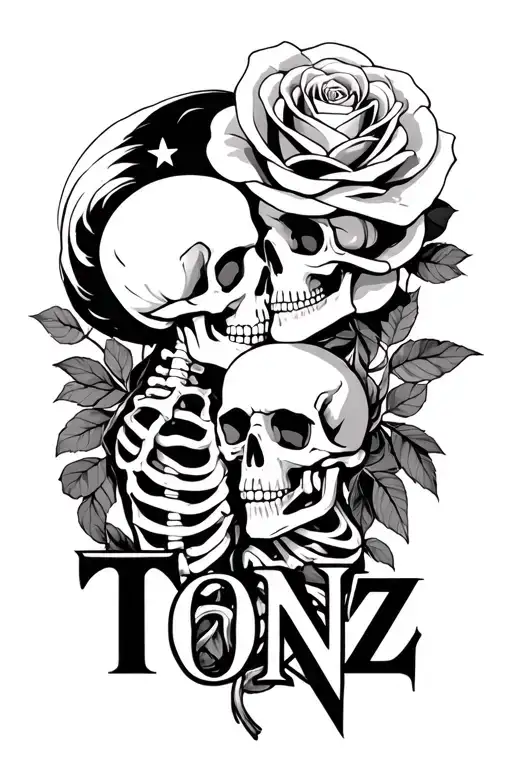 The Word 'Tonz' 2 Skeletons Kissing And Star Transforming Into A Rose