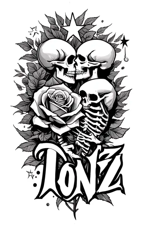 The Word 'Tonz' 2 Skeletons Kissing And Star Transforming Into A Rose