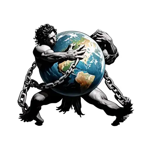 Titan Greek Atlas Holding On His Back And Hands The Planet Chained To Him