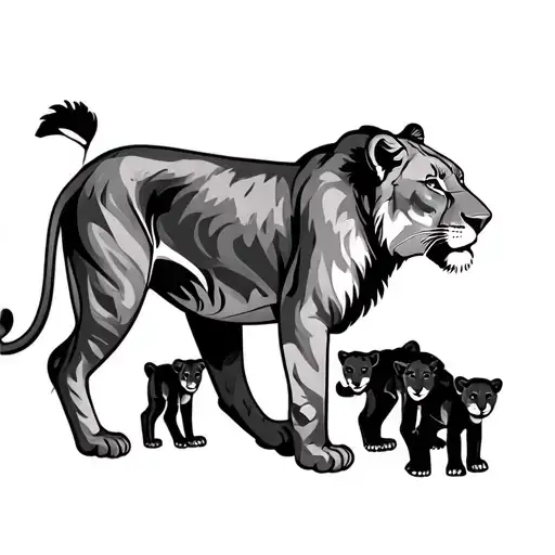 Lioness Walking In Forest With 3 Cubs