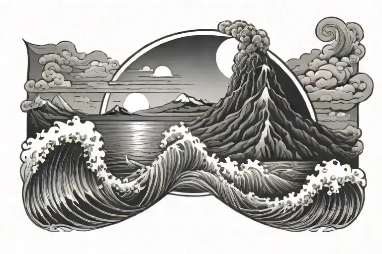 Volcano And Wave And Sun
