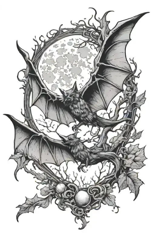 Upside Down Bat Hanging From Tree With Moon Behind Wings Opened