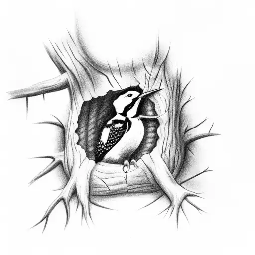 A Woodpecker Inside Of A Tree Cavity