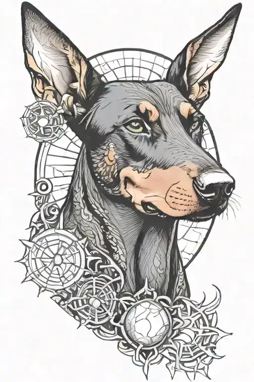 Doberman With Scales On Which The Moon And The Sun Are Balanced