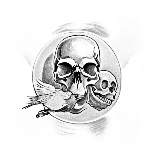 Skull With An Open Mouth And An Hourglass Inside With Two Crows Around It